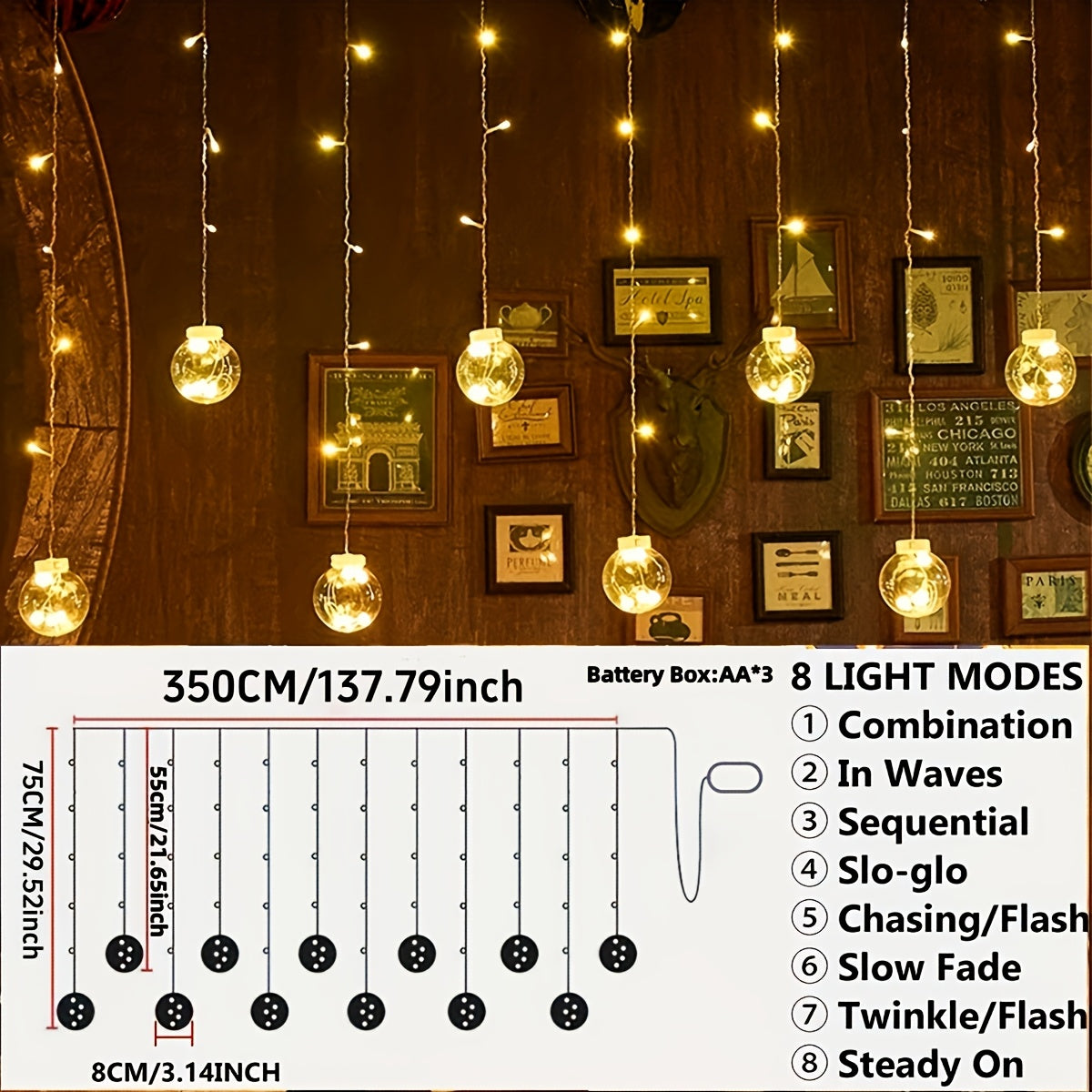 3.0 meter Fairy Light String with 108 LED Bulbs - 12 Clear Spherical Lights, Battery-Powered, No Plug Needed, Wall-Mounted, Perfect for Christmas, Valentine Day, Birthdays, And Indoor Holiday Decor, Indoor Holiday Decor | Cla