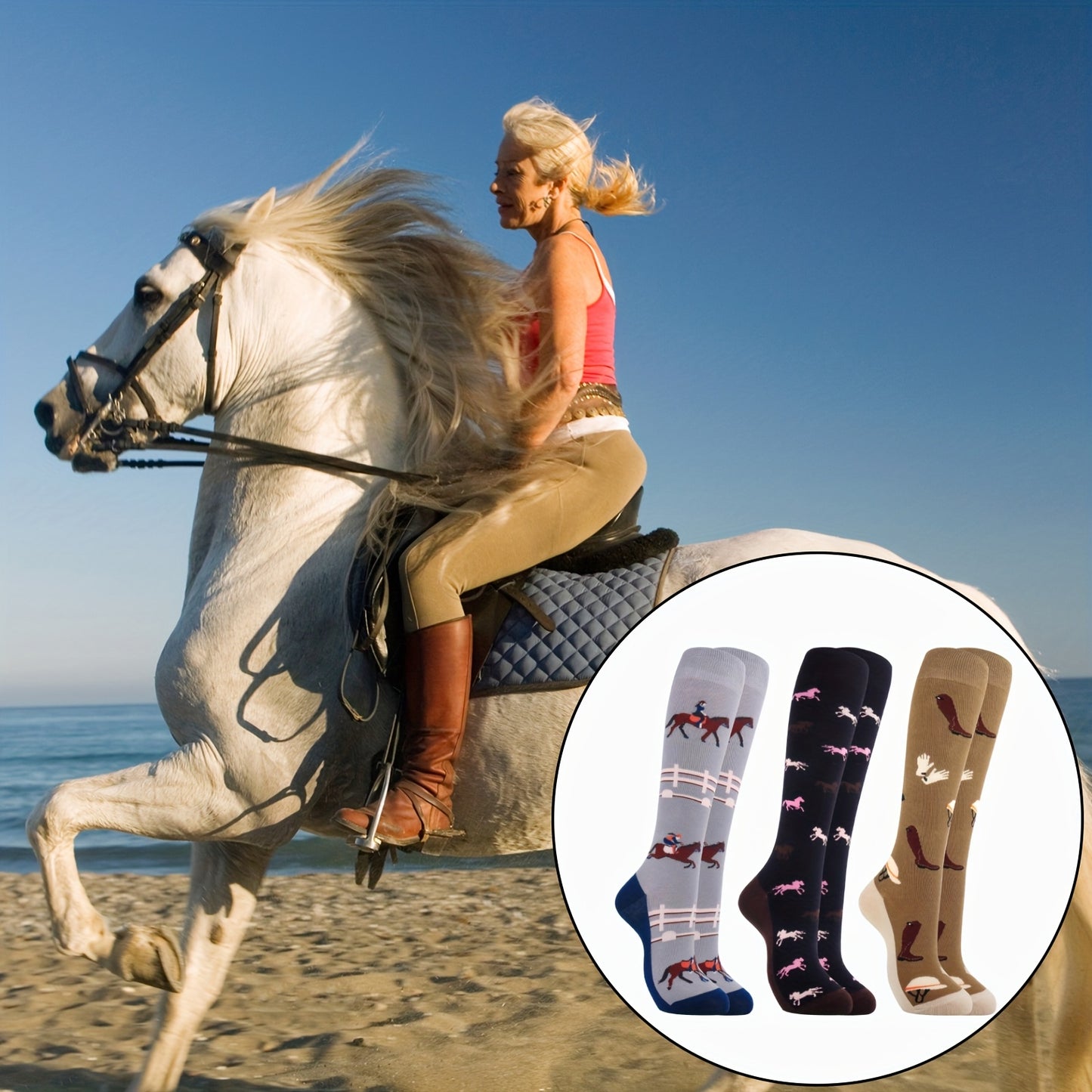 3 Pairs Set Horse Riding Knee-High Socks - Equestrian-Themed with Horses, Jockeys & Western Cowgirl Boots Print - One Size Fits 6-9/ 6-9/EU 39-42 - Soft Durable Novelty Gift for,, Moms & Horse, for Teenager