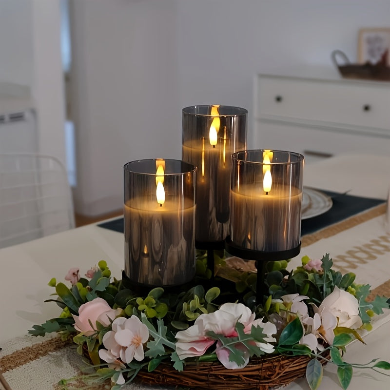 3 PCS Set 3D Wicking Flameless Column LED Candles with Remote Timer, Battery Powered 3pcs White Real Wax Candles Set with Realistic Flickering Flames for Night Bed Party, Wedding, and Home Decoration