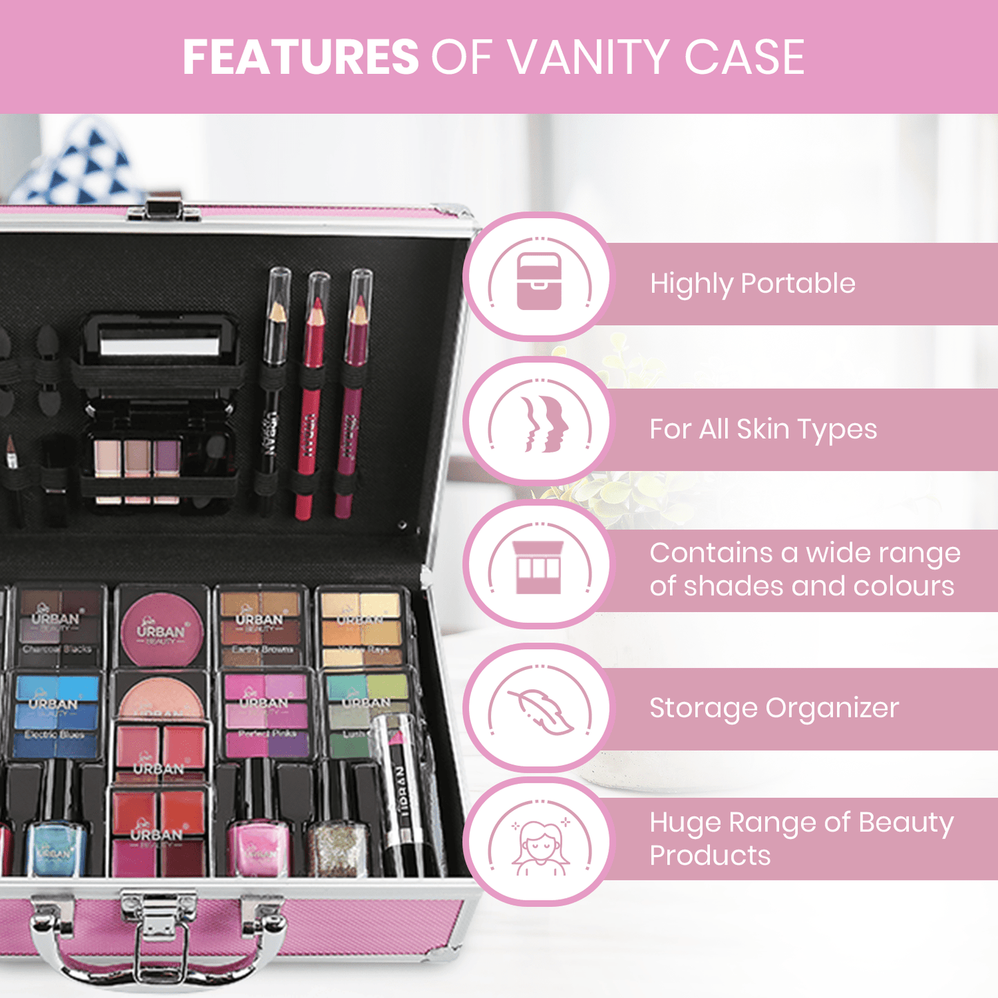 82 PCS Full Set  Beauty Hot Pink Makeup Luxury Vanity Case – Makeup Kit for Teens and Women with Eyeshadow, Blusher, Lipsticks and Nail Products – Fun Celebrities Travelling Makeup Cosmetics Vanity Case for Girls