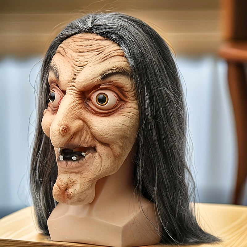 Realistic Witch Latex Mask - Scary Full Face Halloween Costume Accessory with Long Gray Hair & Wrinkled Features for Parties, Performances, and Role-Playing, Themed Party Mask | Scary Character Visage | Latex Full Mask