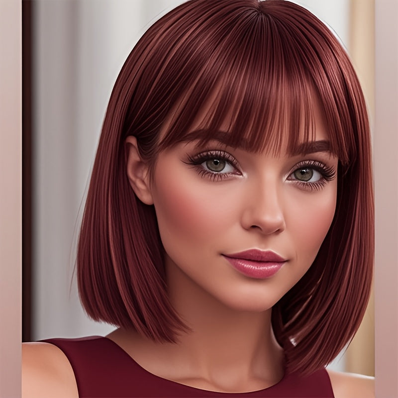Hot Explosive 30.48 cm Light and Dark Brown Bangs Wig for Women - Versatile Wear and Party Cosplay, Straight Hair, High Temperature F, Rose Net Cap, Anime Cosplay