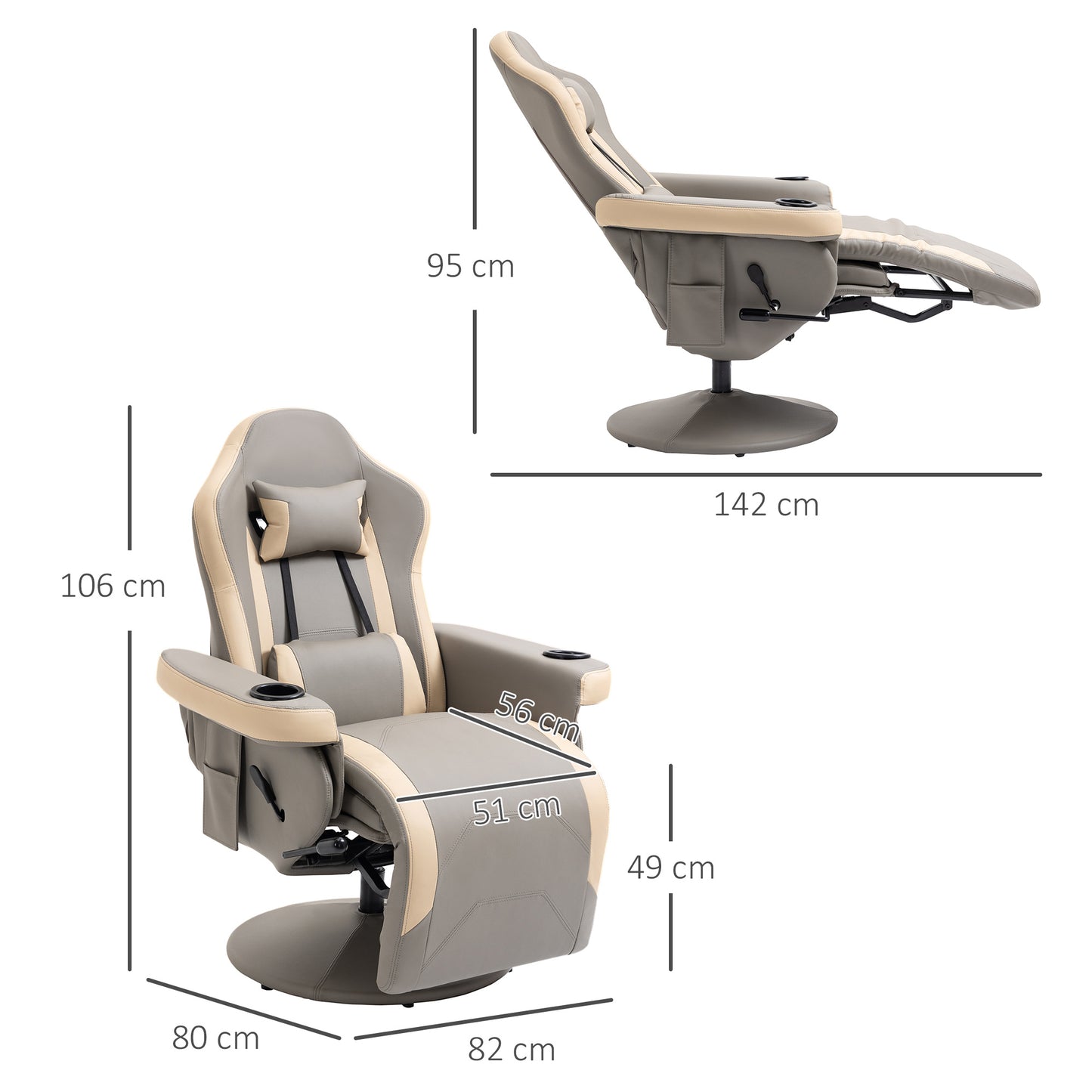 Manual Reclining Gaming Chair, Swivel Racing Video Gaming Recliner with Footrest, Headrest and Cup Holder, PU Leather Armchair with Storage Pocket, Grey