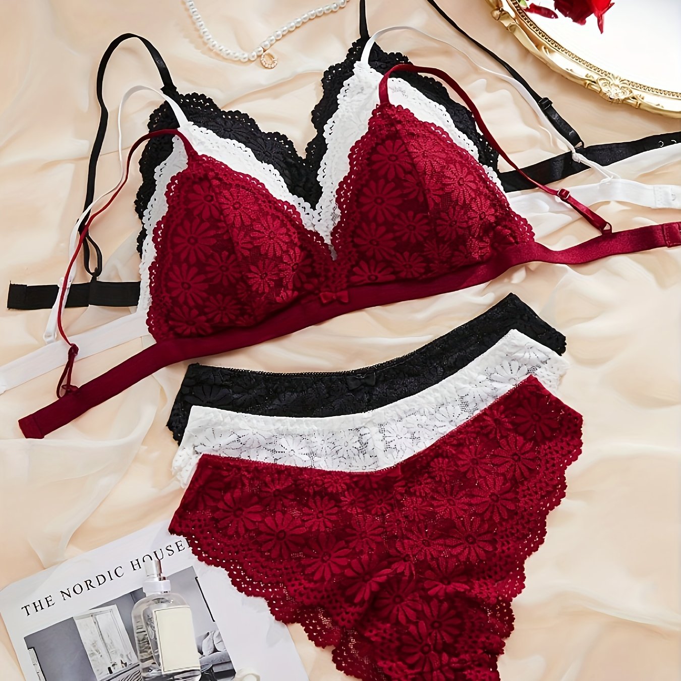 3pcs Women'S Lingerie Set - Red & Black Contrast Lace Bra with Floral Pattern, Matching Panties, and Garter Belt - Comfortable, Breathable, and Stylish Underwear for Casual Attire, Lingerie Sets