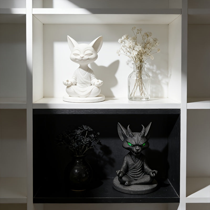 2 PCS Black and White Cat Set Zen Dual Face Cat Statue - Black & White Meditation Figurine with Dual-Sided Zen/Buddha Expression, Plastic Suitable for Home Office Desk Decor, Zen Gift for, Minimalist Tabletop Decoration