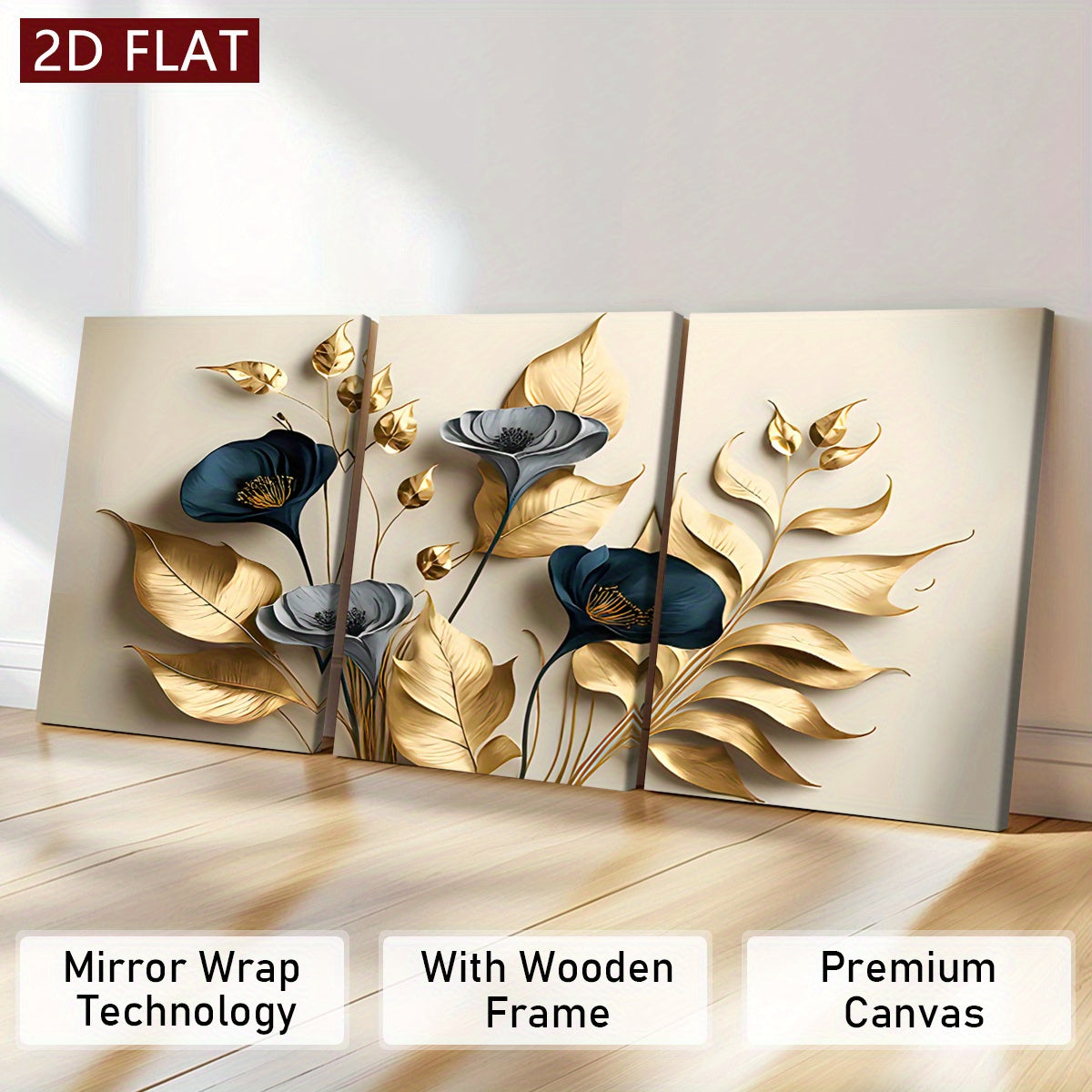 [2D Flat] Three Wooden Frame Canvas Wall Art - Modern Abstract Design Featuring Golden Leaves And Flowers, High-Definition 8K Odorless Indoor Wall Decoration, Suitable for Living Rooms, Bedrooms, And Offices - Contemporary Ho