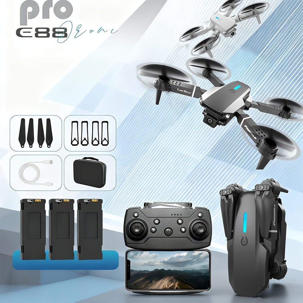 E88 Pro! Featuring a Foldable Design,  Compact And Lightweight, Available in Two Minimalist Colors: Black And Gray, Along with a Sturdy Build. It Has Dual 480P Cameras And Remote Control Operation