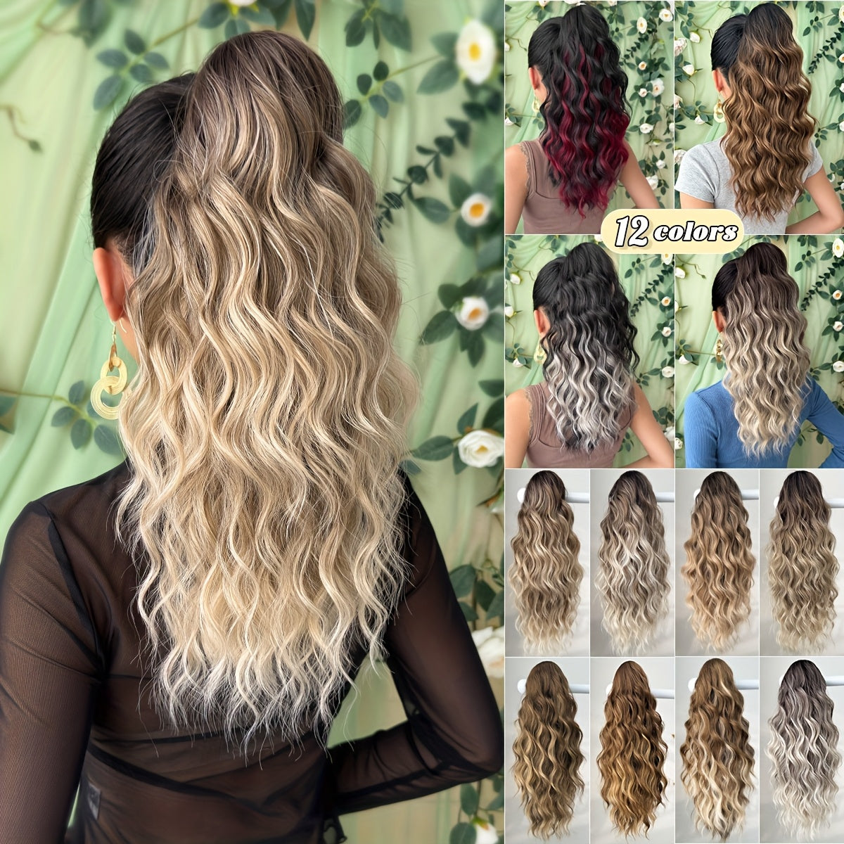 8 Colors Claw Shaped Ponytail Extension Hair Accessory Gradient Wig Multi-Color Wig 45.72 cm Water Ripple Heat-resistant Fiber Synthetic Ponytail Wig,  Women's Daily Use Hair Care Supplies