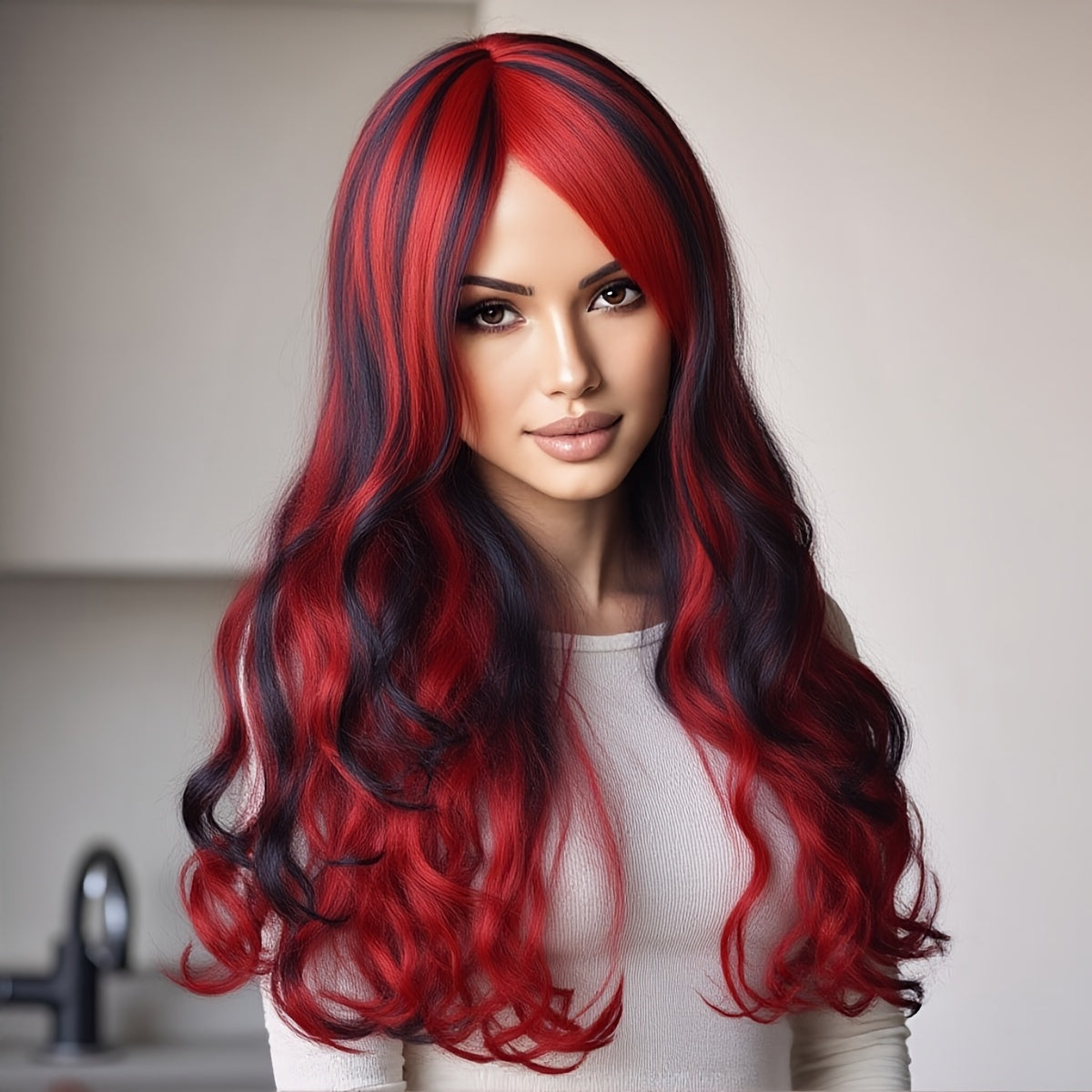 A 26-inch Red and Black Gradient Wig with Bangs is Suitable for Party Styling Wigs for Women