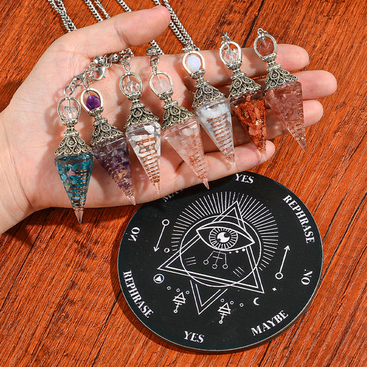 2 PCS Set 5 Colors/Types Natural Stone Pendulum & Wooden Ouija Board Set - Handcrafted Divination Tools with Crystal Pendant, Suitable for Fortune Telling Enthusiasts, Ideal Gift for Divination Practice and Exploration