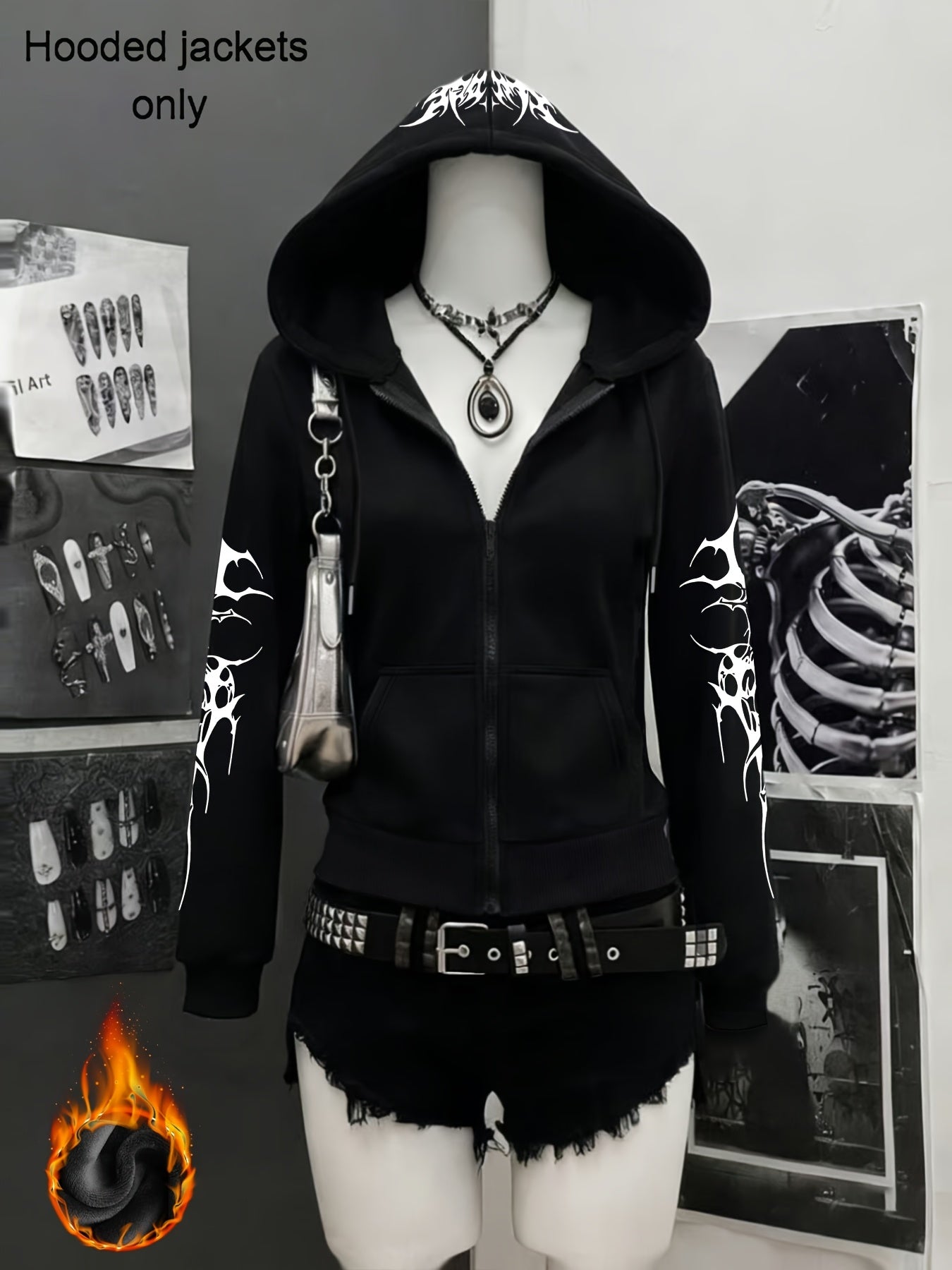 Autumn And Winter Y2K Gothic Style Printed Trendy New Zip Design Thick Plush Black Hooded Zip Jacket, Black Cardigan for a Casual And Relaxed Commuting Look