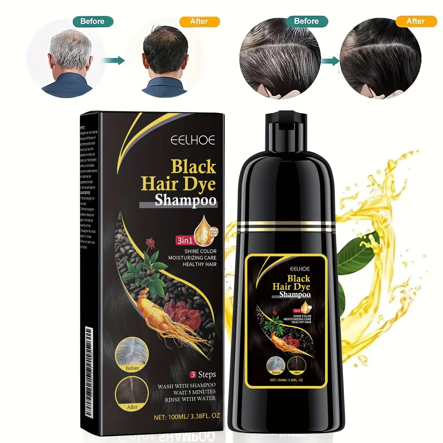 3-in-1 Black Hair Dye Shampoo Bottle, Using Natural Plant Pigments, Suitable for Both Men and Women, Color Changing Shampoo, Quick Gray Coverage, Natural Formula, Plant-Based Hair Care, Dual-Use Shampoo, Essential Hair Care P