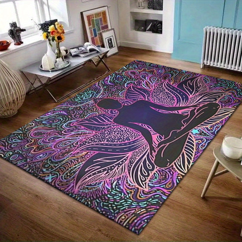 For Yoga Studio and Home Gym Vibrant Yoga Meditation Mat with Lotus Pose Design – Non-Slip, Machine Washable Velvet Mat for Hallway, Bedroom, and Living Room Decor, Perfect for Indoor/Outdoor Use