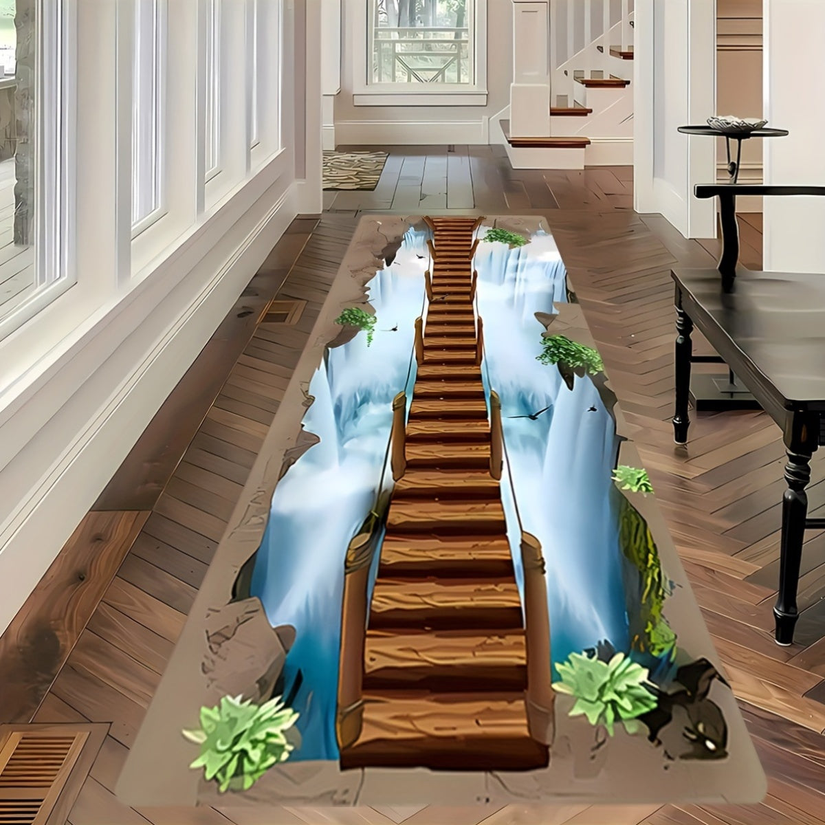 3D Wooden Bridge Carpet Featuring a Cliff Waterfall Landscape Pattern, Machine Washable Rectangular Runner Rug Suitable for Bedroom, Bathroom, Living Room, And Hallway Decor - Lightweight Home Decorative Rug 2D Flat