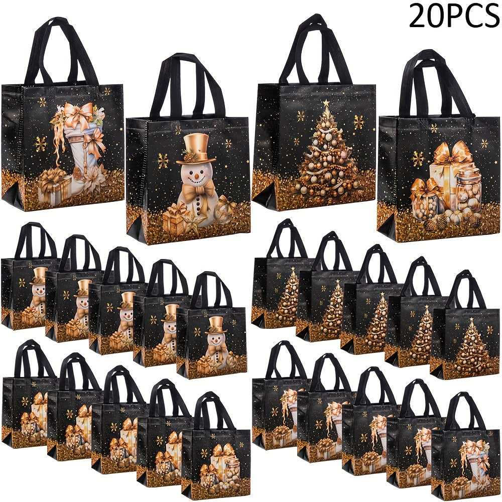 20pcs Festive Christmas Gift Bags - Snowman, Tree & Stocking Design, Black & Golden with Handles, Non-Woven Tote Bags for Holiday Parties, 23*22*11cm, Christmas Gift Bags, Christmas Decorations, Christmas Decor, Christmas Gif