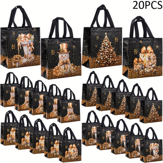 20pcs Festive Christmas Gift Bags - Snowman, Tree & Stocking Design, Black & Golden with Handles, Non-Woven Tote Bags for Holiday Parties, 23*22*11cm, Christmas Gift Bags, Christmas Decorations, Christmas Decor, Christmas Gif