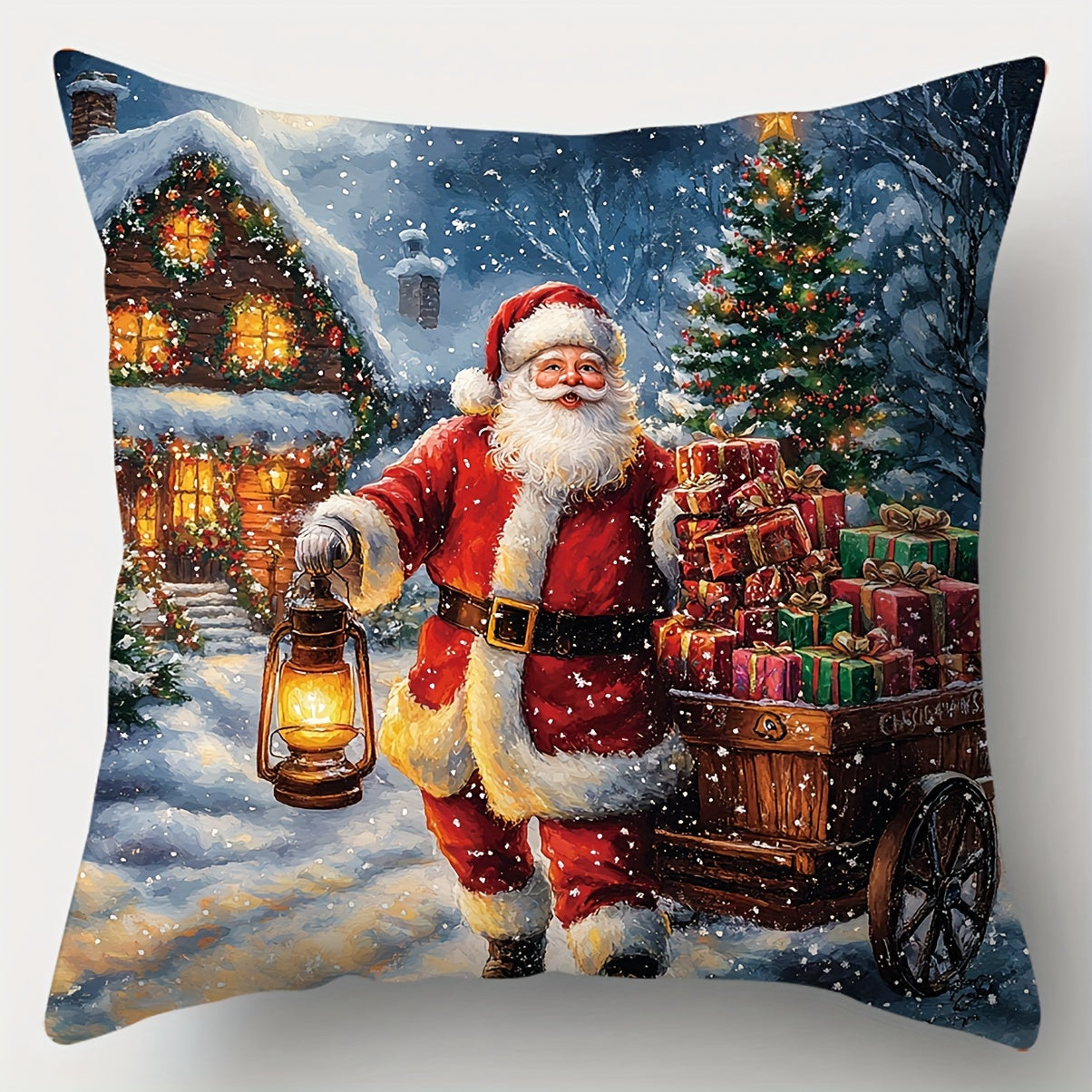 4-Piece Christmas Throw Pillow Covers Set, Contemporary Style, Hand Wash Only, Zipper Closure, Woven Polyester, Santa Claus, Christmas Tree, Sled, Reindeer Printed Cushions for Living Room Decor, 45.01cm