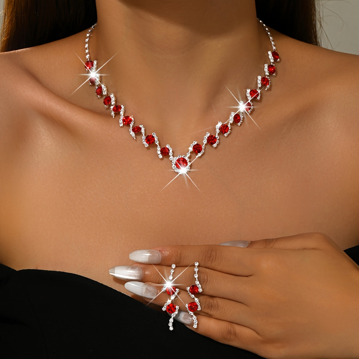 NEW Arrivals Blue/Black/Red Color Fashionable Elegant Sexy Luxury Necklace + 2PCS  Earrings Set for Prom Party Wedding Guest Business Dinner Music Concert Women Luxury Jewelry Sets