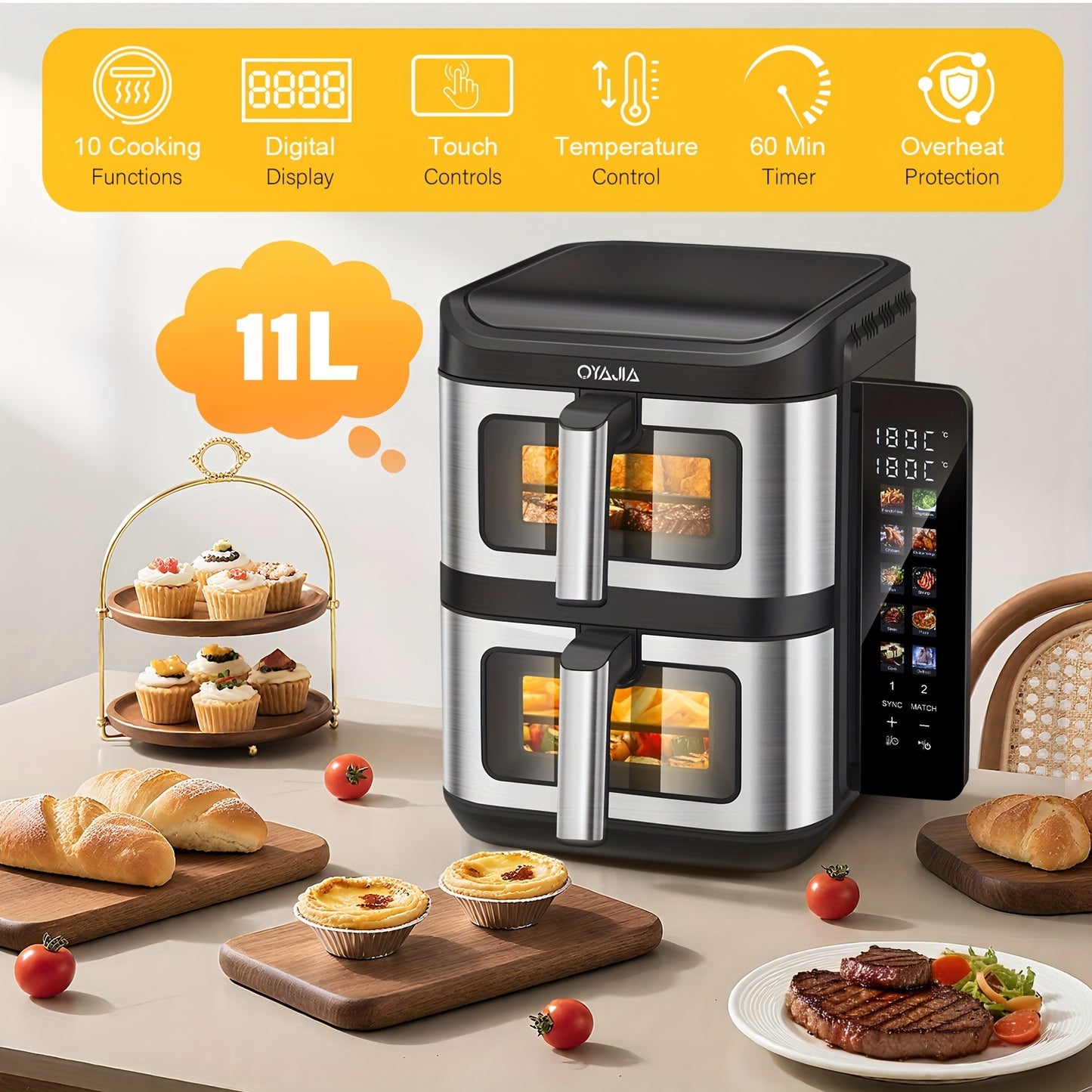 Professional 2800W Dual-Cavity 11L Family Air Fryer with Dual Drawers & Viewing Window, 10-in-1 Cooking (Air Fry/Bake/Roast), Heavy-Duty ABS/S Stainless, Oversized Basket for whole Chicken, Dishwasher-Safe for Large Gathering