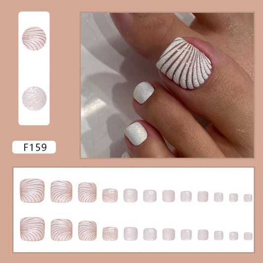 24 PCS Set Glitter Shell Pattern Press-On Fake Toenails Nail Art Stickers Women Manicure Pedicure Accessories