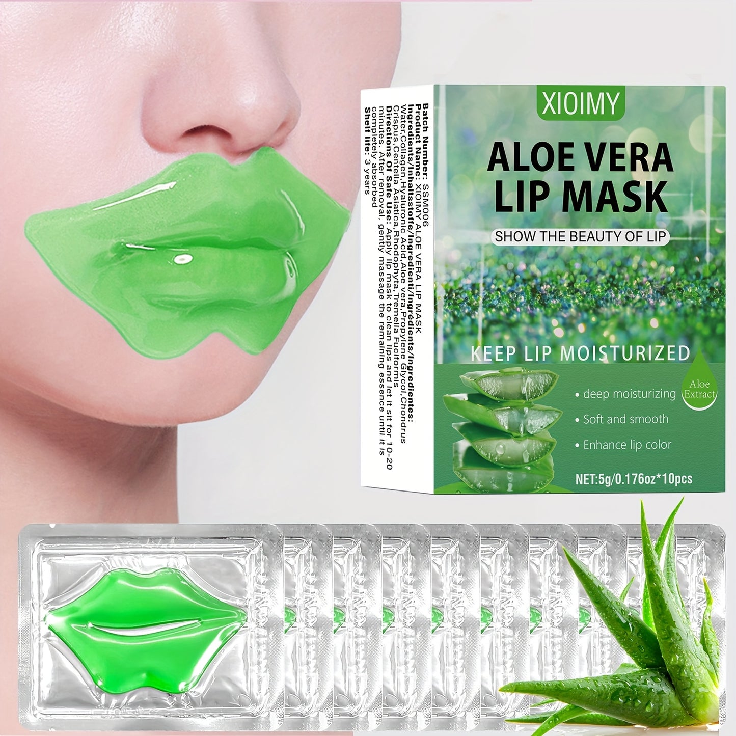 10 PCS Set Natural Aloe Vera & Collagen Lip Masks for Women - 30-Minute Deep Hydration, Plumping & Moisturizing with Aloe Essence, Collagen & Vitamin C, Soft Adhesive Film for Smooth Lips