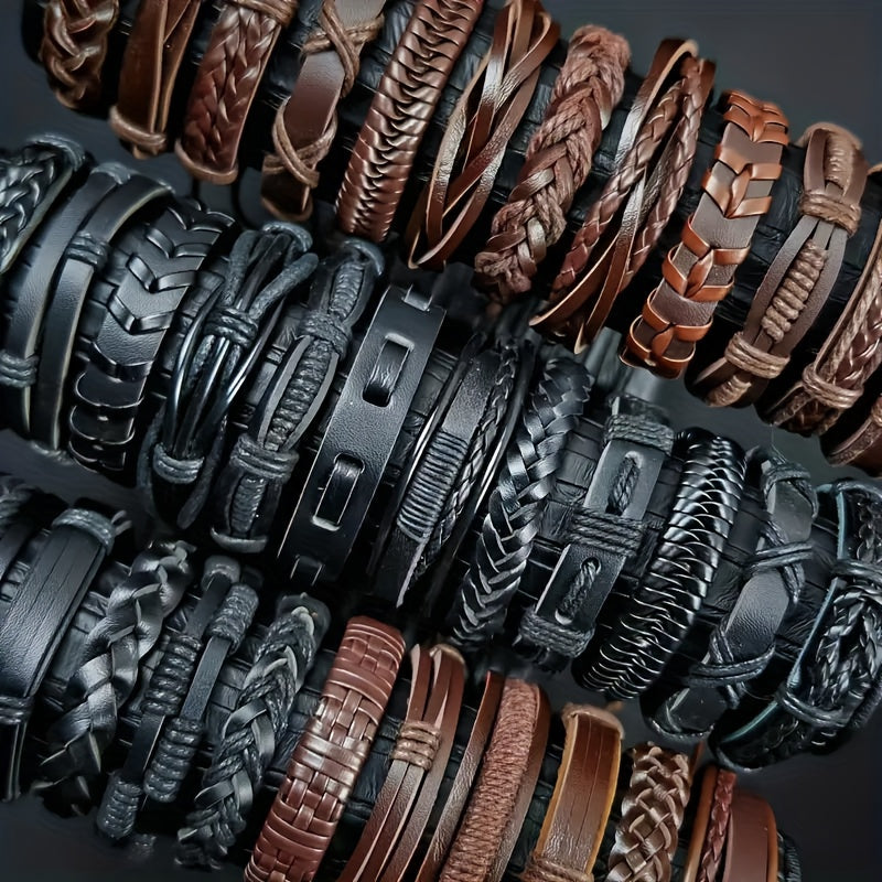 20pcs Handwoven PU Leather Bracelet Set Suitable for Men - Adjustable Retro Bracelets, Handmade for - Wear, Christmas/Halloween/Thanksgiving Gifts (20 Bracelets for Parties, Daily Use & Gifting)