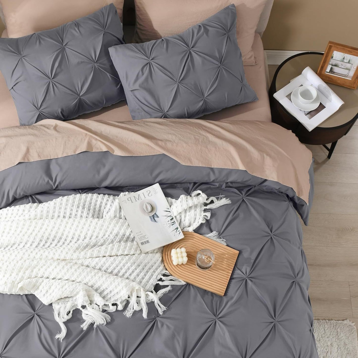 3 PCS Set 5 Colors Charcoal, Pink*Five Star Hotel* Pinch Pleated Luxury High Quality Duvet Cover Set, Soft Pintuck Bedding Sets with Pillowcases