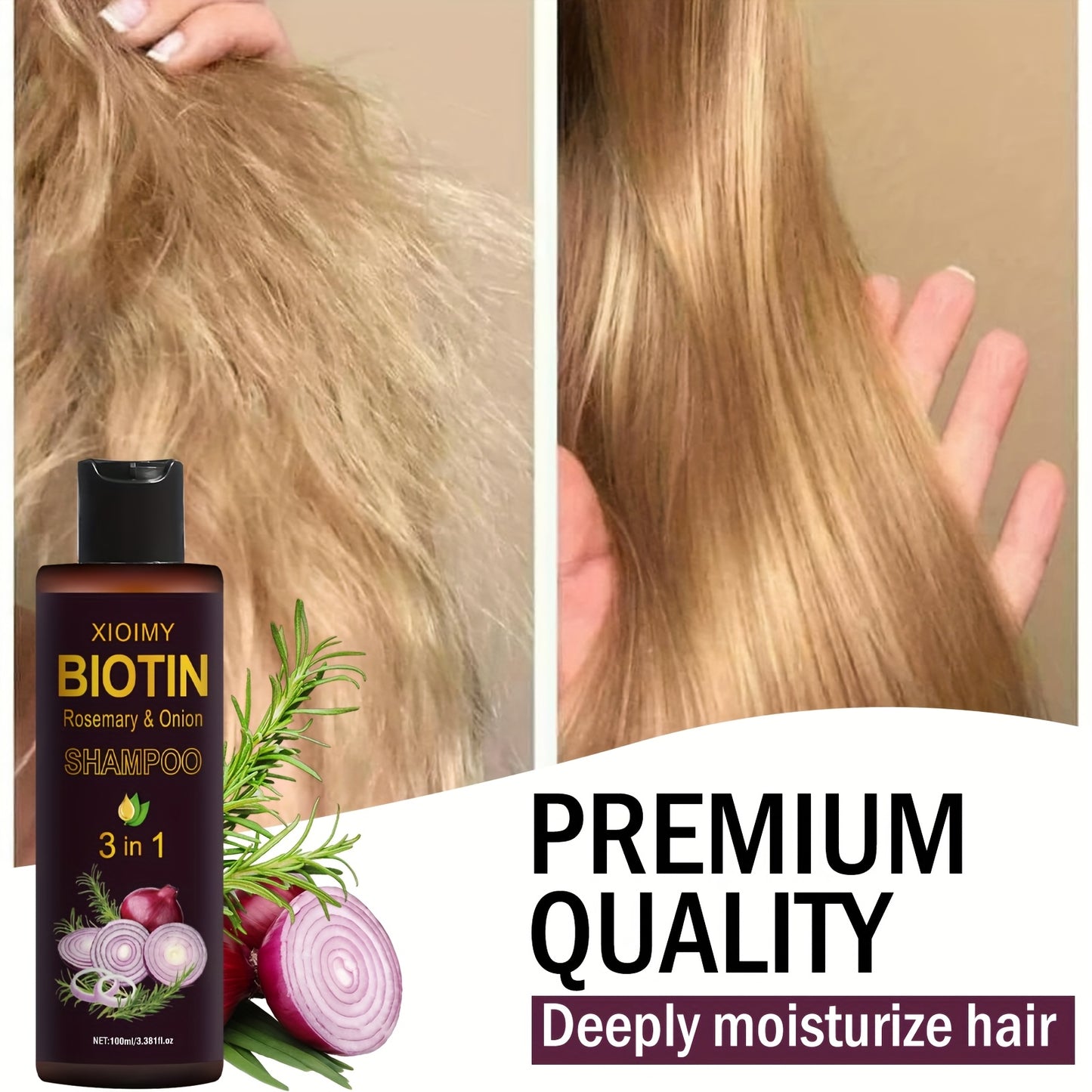 2 PCS Set of Biotin, Rosemary, and Onion Shampoo, a Three in One Shampoo and Conditioner with Long-lasting Fragrance, Suitable for Dry Hair, Deep Cleaning and Moisturizing Hair, Making Hair Look Softer and More Shiny, Portabl