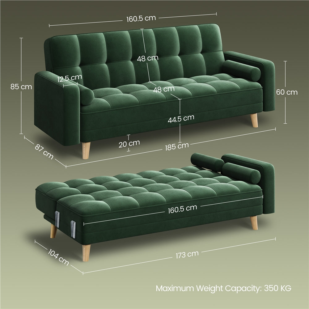 Office Living Room Convertible Sofa Bed, Sofa Bed Velvet Convertible Sofa Bed 3 Seater Futon Sofa Bed with 2 Bolster Pillows and 3 Adjustable Back Angles for Apartments, Dens, Guest Rooms, Spare Rooms, Offices, and Lounges, M