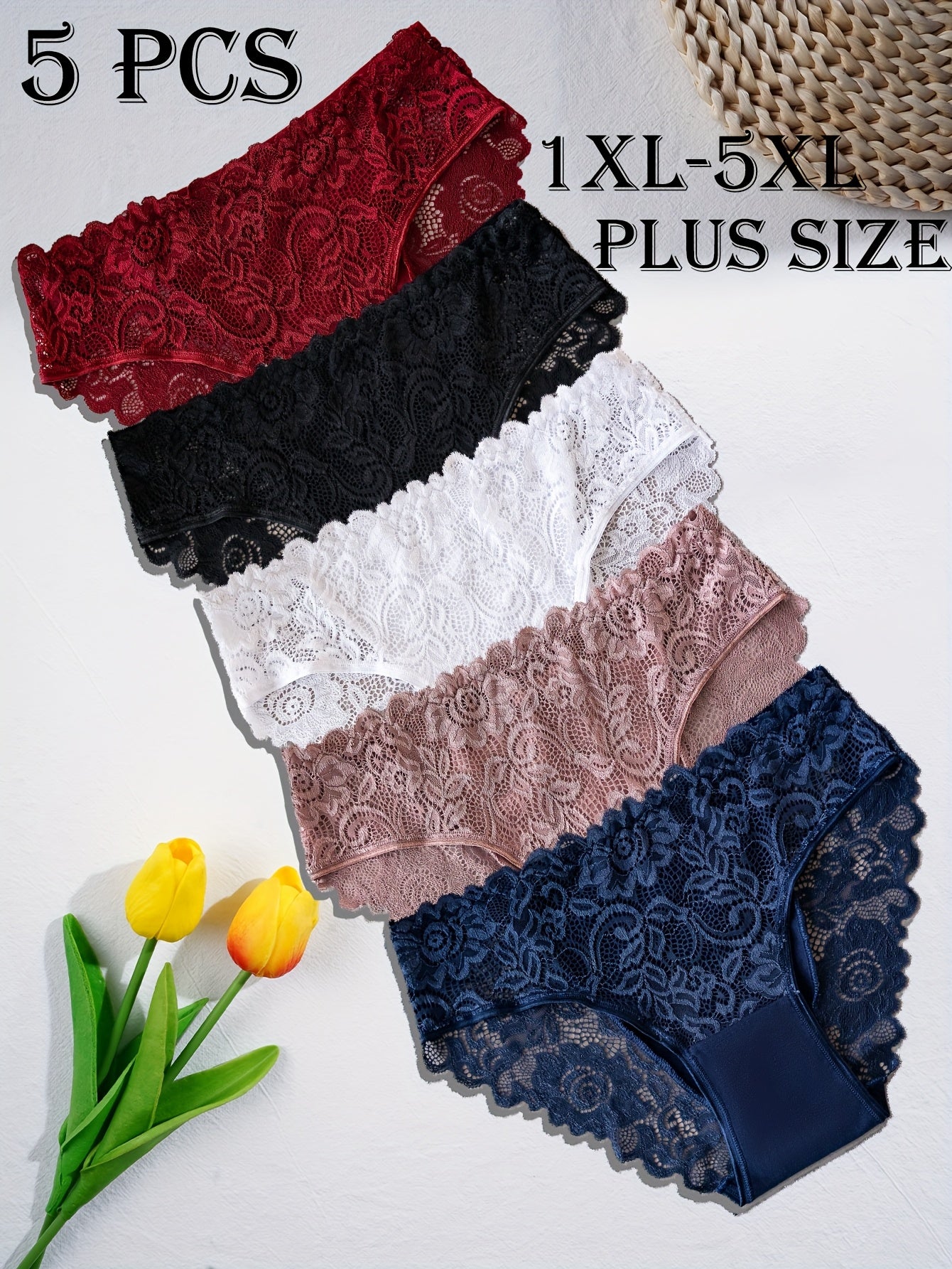 For Curvy Ladies UK XL-5XL (18-26) Plus Size 5 PCS Set Sexy Lace Panties, Comfortable and Breathable Mid-rise Underwear, Semi-transparent Lace Panels with Floral Prints, Perfect for Summer Beach Bikinis