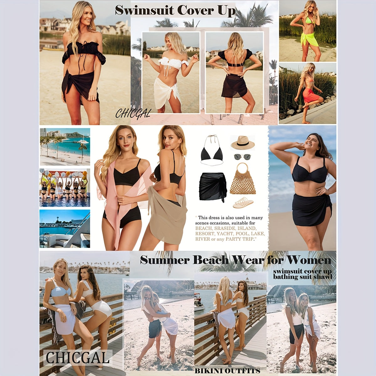 2 PCS Set Women's Black And White Beach Shawl Swimsuit Wrap Skirt Transparent Bikini Swimsuit Swimwear Set, Suitable for Beach Strolls