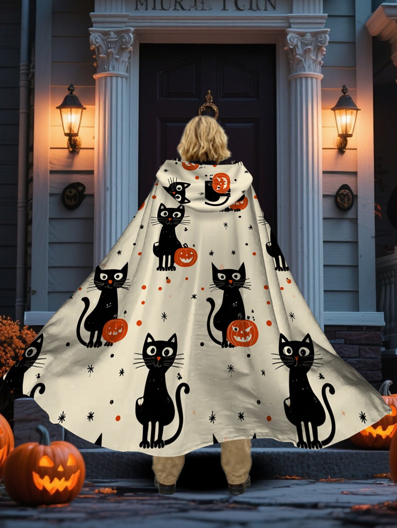 All-Season Witchcraft Halloween Hooded Cape Costume - Black & White Print with Witch Hat, Loose-Fit Witch/ Costume Accessory for, Machine Washable (Halloween Party Outfit, Carnival Cosplay Masquerade)