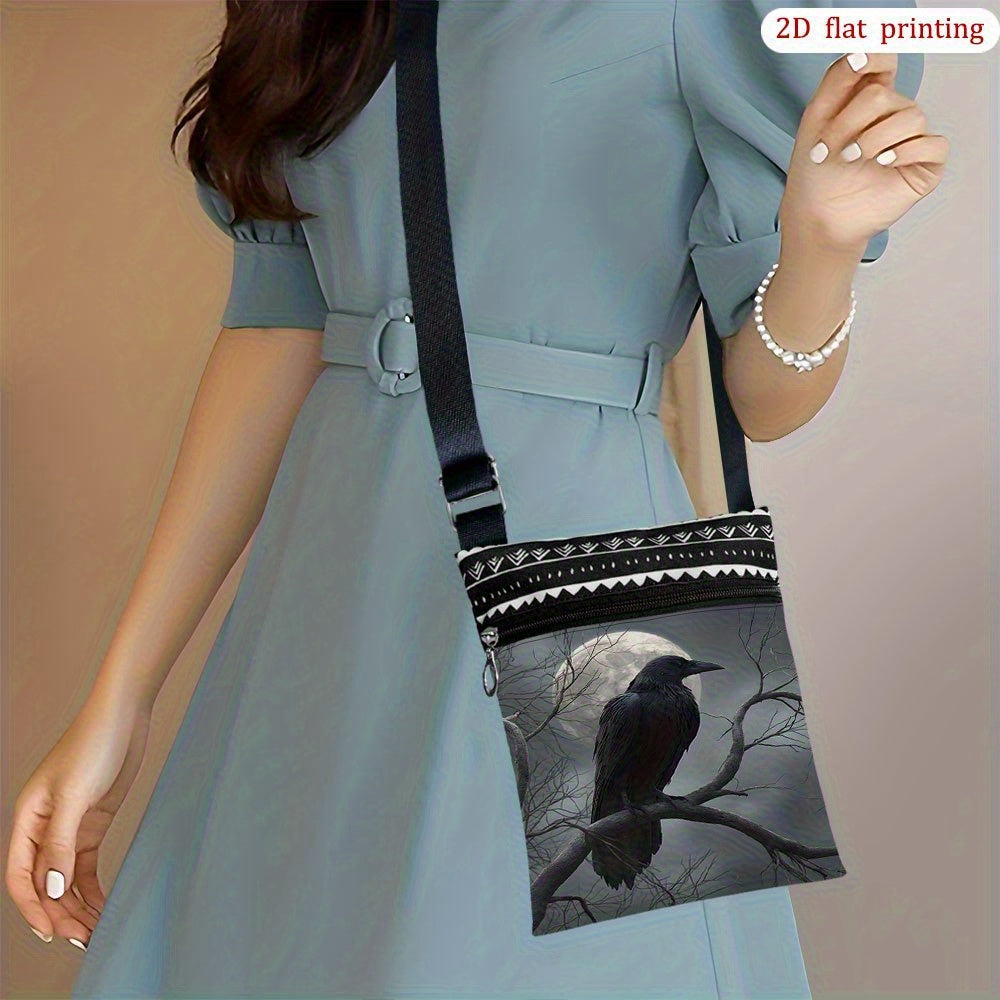NEW Black Raven Moon Night Crossbody Bag with Adjustable Strap & Zipper Closure - Gothic Moon & Raven Print Handbag, Durable Casual Purse Suitable for Wedding Party Favors, Beach Trips, Daily Use - Stylish Gift for, 2D Flat