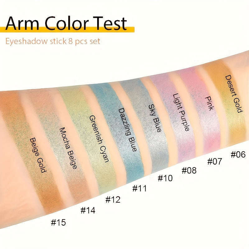 8pcs Waterproof Long-Lasting Pearlescent Eyeshadow Set - Vibrant Shimmer Colors in Black, Purple, Pink, Blue, Green, White, Yellow, Brown & Gray - Smudge-Proof Eye Makeup Sticks for Bold & Subtle Looks