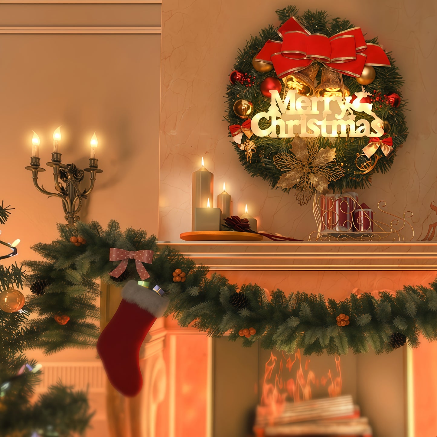 27.48 cm LED Christmas Lighted Garland with Illuminated "Merry Christmas" Letters, Snowflake & Bow Door Hanging Decoration - -in / Holiday Lights (No /Electrician-Free Setup) - Retro Winter Party