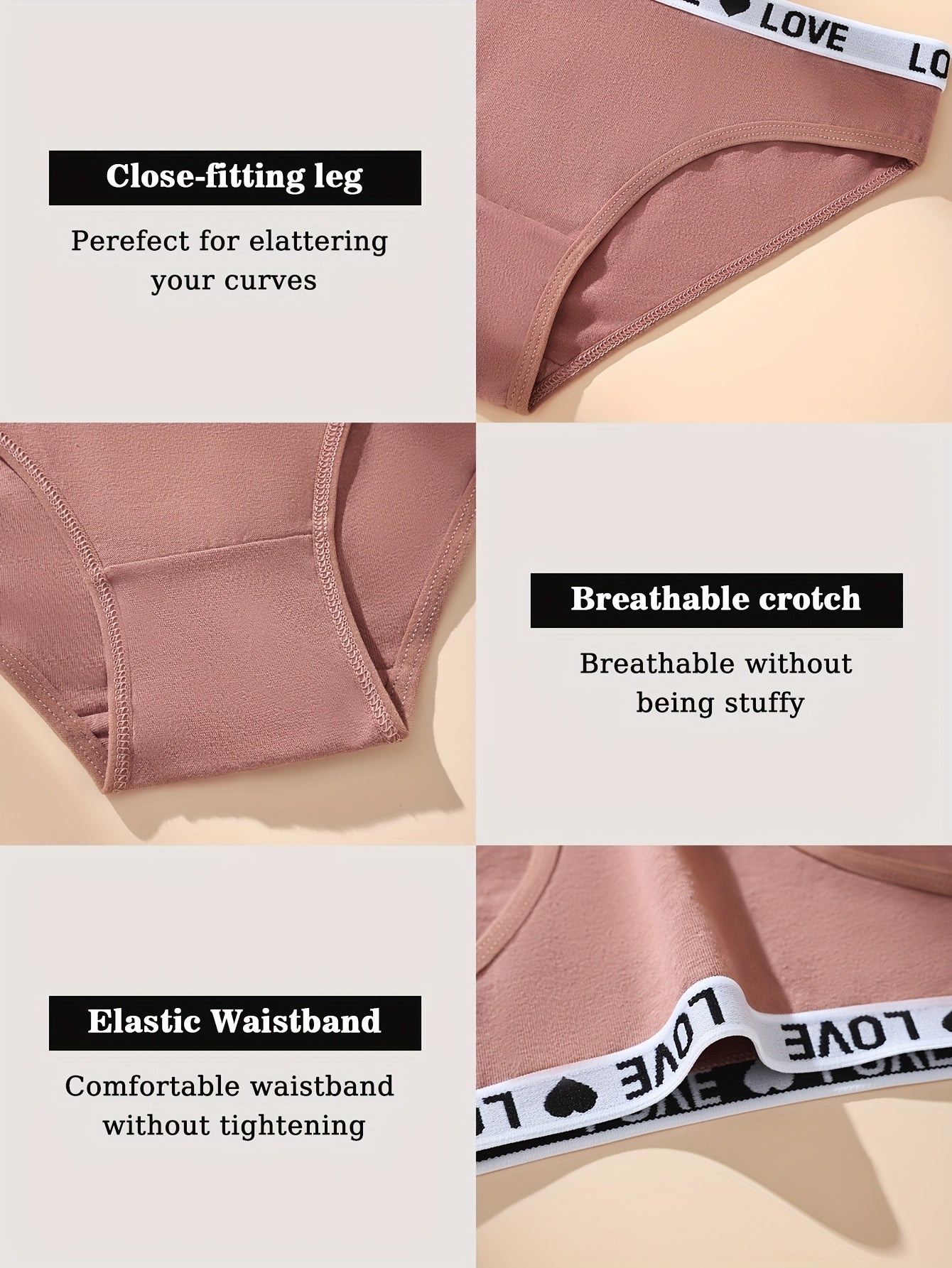 7-PCS Set  Women's Drop Waist Seamless Thong Panties | Sexy Bikini Heart Print, Simple Elegant Solid Color Design, High Elasticity Soft Breathable Fabric, Suitable for Light Skin, Autumn-Winter Underwear