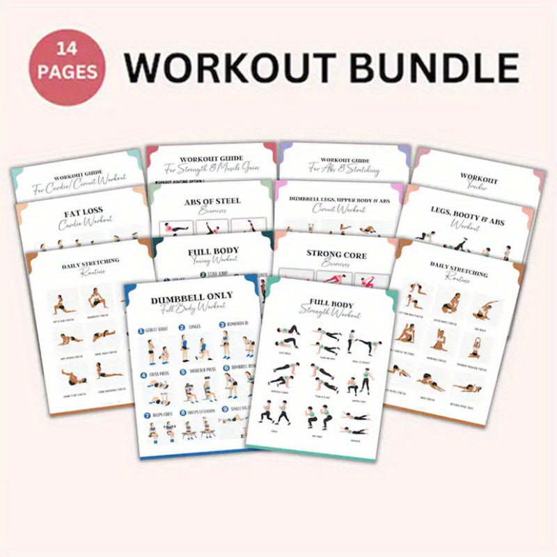 [2D Flat] 14pcs Full Body Exercise Workout Bundle - Home Gym Fitness Guide with 20.32*25.4cm Unframed Papers, Complete Set for Home Workouts, Including Yoga, Pilates, Strength Training & Aerobic exercises