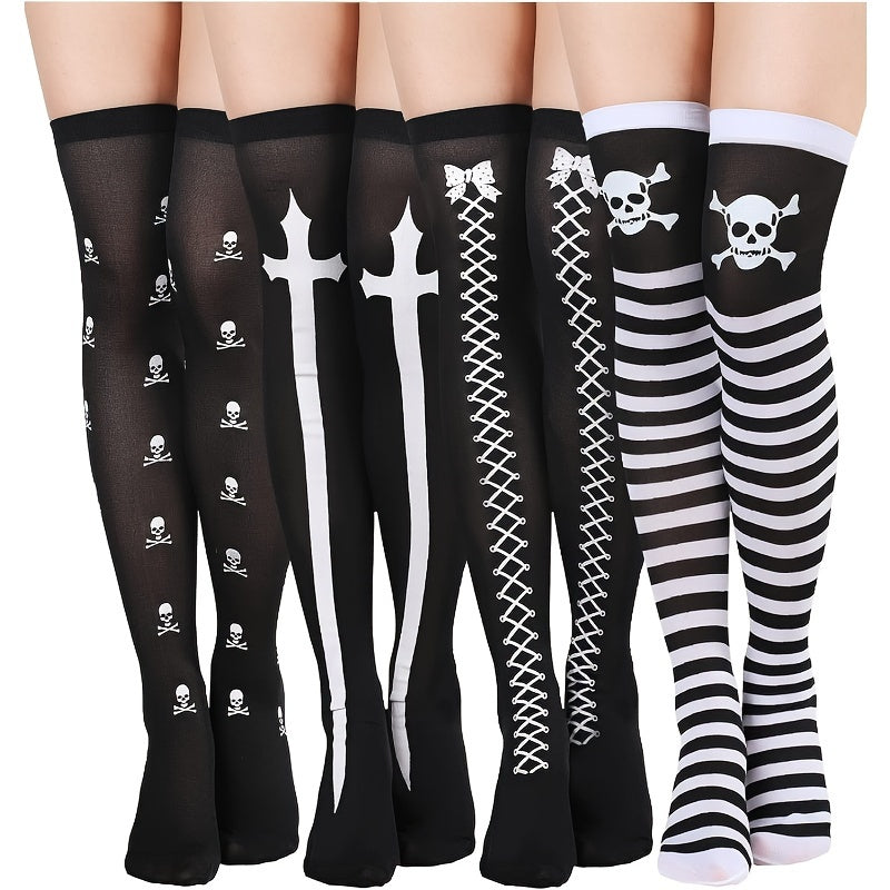 4 Pairs Set of Gothic Thigh-High Stockings Pantyhose Long Socks Featuring Skull Designs for Cosplay