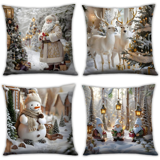 4pcs Christmas Decorative Pillow Covers, Santa Claus Reindeer Snowman Elf Pattern, Festive Atmosphere Sofa Cushion Covers, Nordic Style Home Decor, Christmas Gift (Pillow Inserts Not Included), Cozy Holiday Setup, Seasonal De