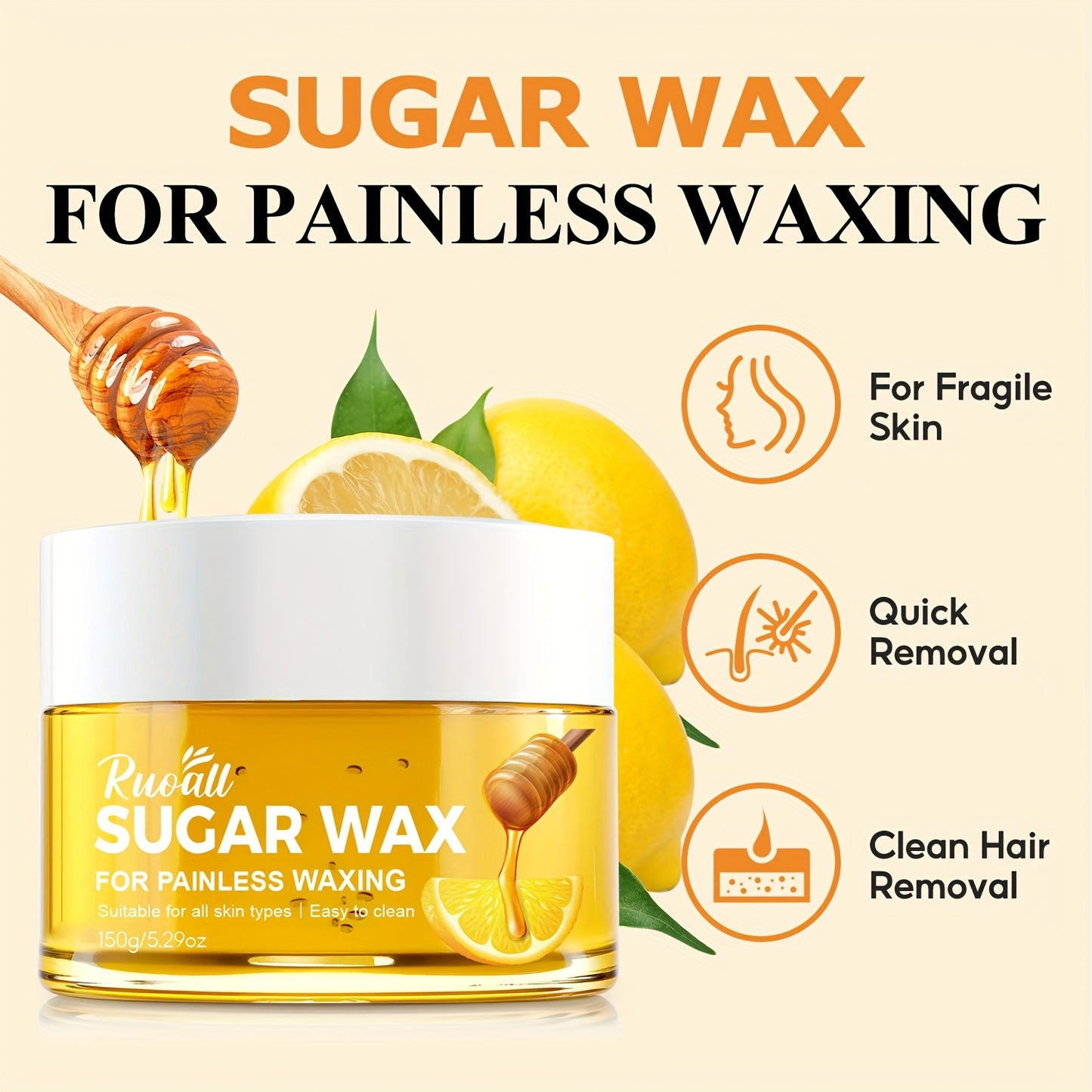 150G/5.29Oz Sugar Wax Hair Removal Kit (Five Wax Strips + Three Wooden Sticks), Features a Gentle And Non-Irritating Formula, Effectively Removes Hair Without Residue, Suitable for The Entire Body, Compatible with Various Hai