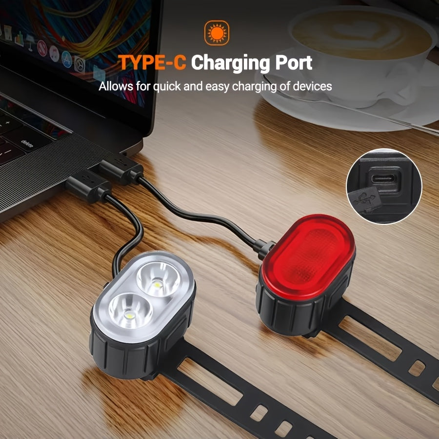 2 PCS Set Bike lights, Complete Set Of Bike lights, White Light Headlight lighting, Red Light Taillight lighting, USB Rechargeable Portable Since The headlight, Bike Tail light, Suitable for Outdoor cycling, Rainy Day Night L