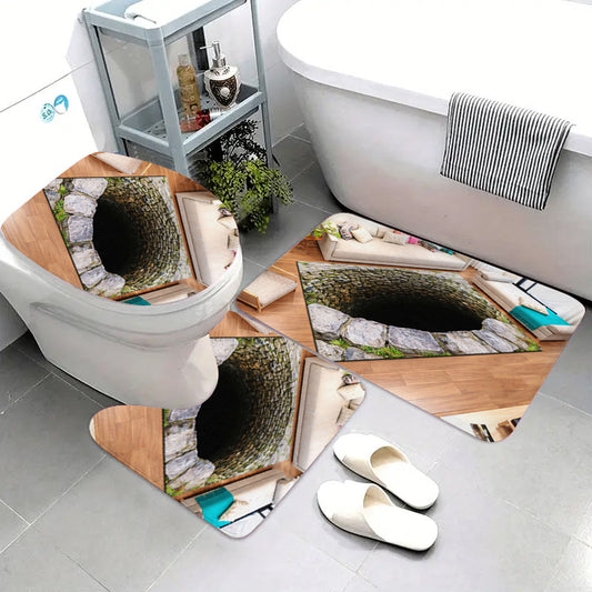 3 PCS Set Old Stone Well Pattern Plush Flannel Non-Slip Toilet Mat | Absorbent, Washable, Decorative, Realistic 3D Illusion for Bath, Home Accents, Entrance, Kitchen, Living Room