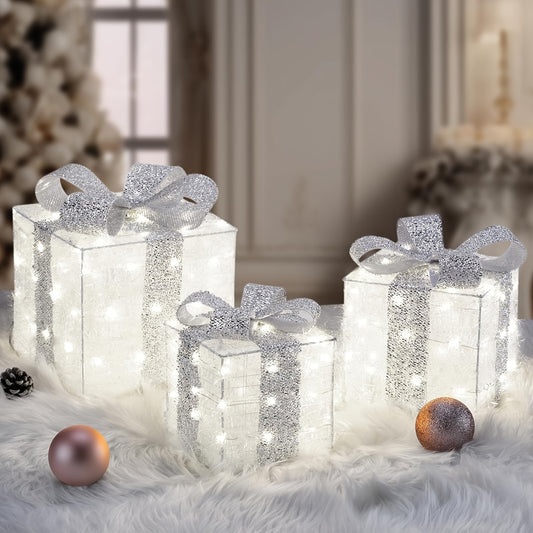 3 PCS Set Christmas Decorations - Christmas Gift Boxes with Battery-Powered Lights for Holiday Indoor Party Home Warm White/Multicolor, Pine Sticks Not Included