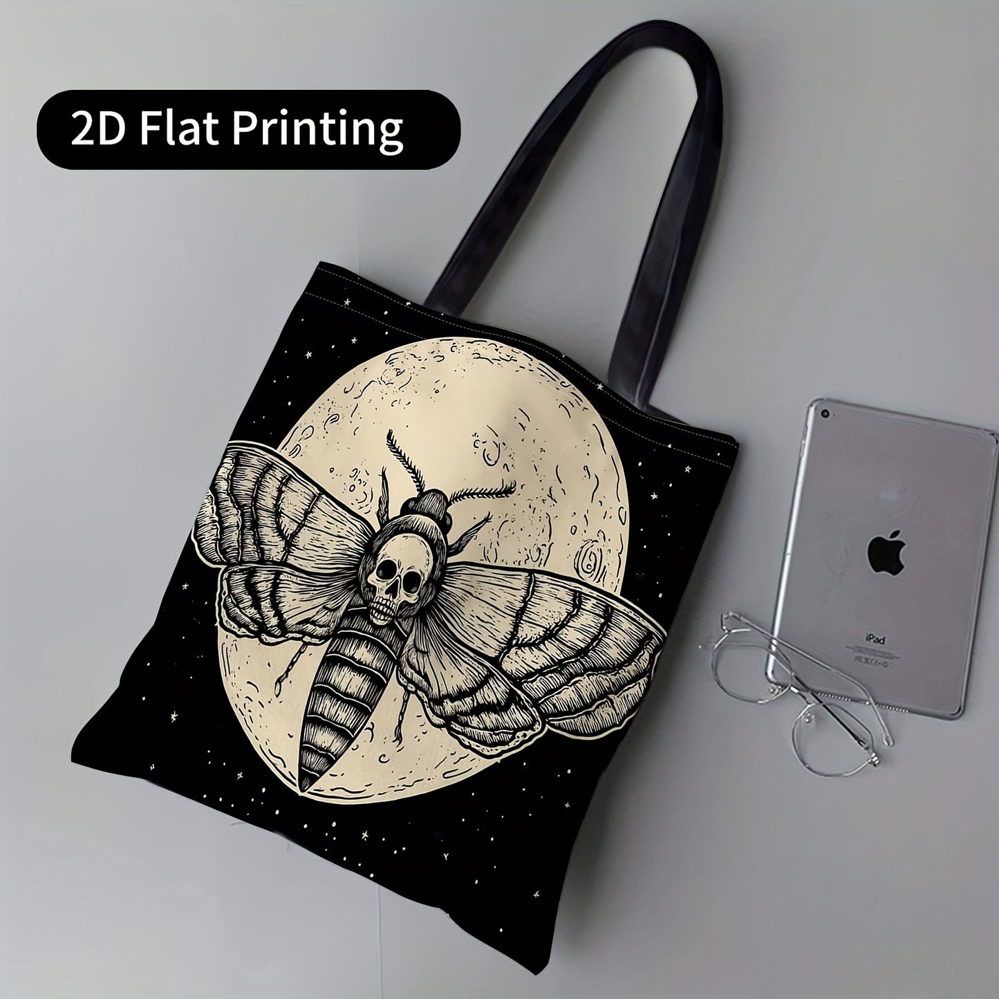 Gothic Moth & Skull Women's Tote Bag - Reusable Machine-Washable Lightweight Handbag with Moth Skull Moon Print, Casual Multifunctional Purse for Daily Use, Parties, Shopping