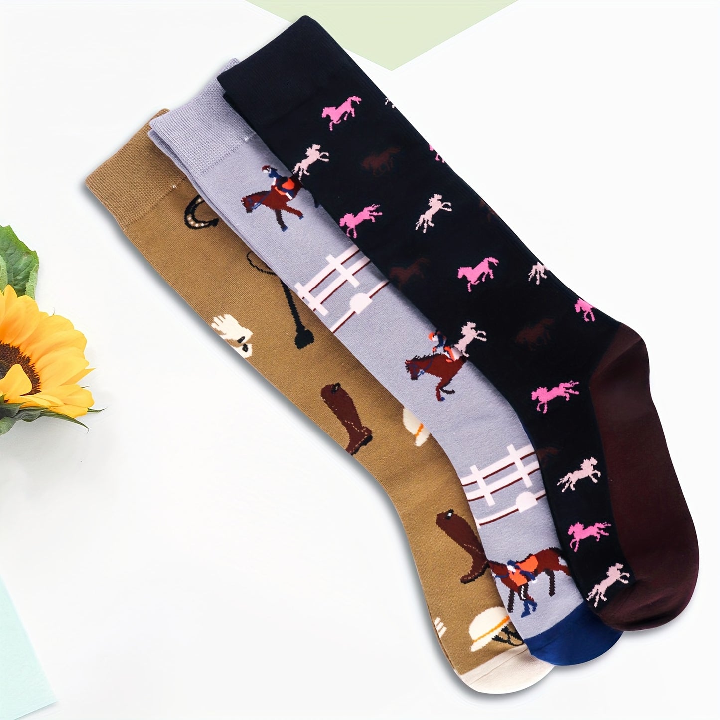 3 Pairs Set Horse Riding Knee-High Socks - Equestrian-Themed with Horses, Jockeys & Western Cowgirl Boots Print - One Size Fits 6-9/ 6-9/EU 39-42 - Soft Durable Novelty Gift for,, Moms & Horse, for Teenager