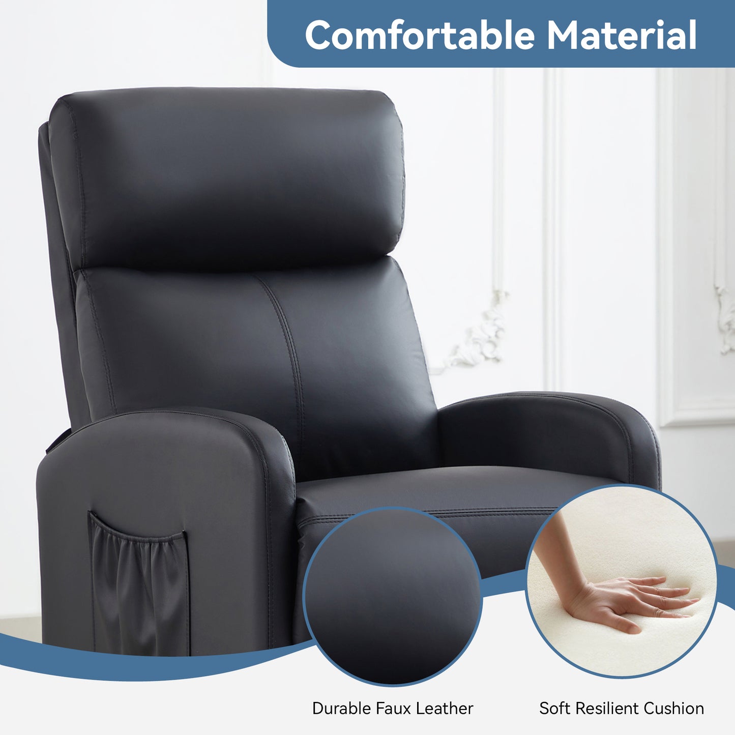 Push Back Recliner Chair Bed , Single Sofa with Lumbar Support, Padded Backrest, Side Pocket and Adjustable Leg Rest for Home Living Room