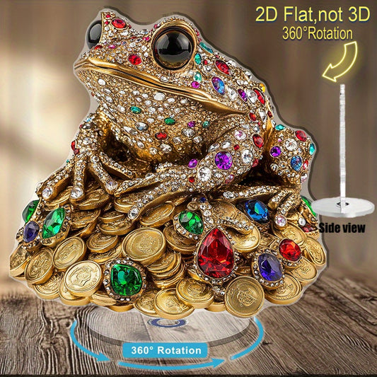 NEW Arrivals 2D Flat, 2D Flat Print Rotate Acrylic Ornament Featuring A Mesmerizing Jeweled Frog Atop Gleaming Golden Coins Ideal for Elevating Your Home Decor Gifting for Special Occasions Or Unique Celebrations
