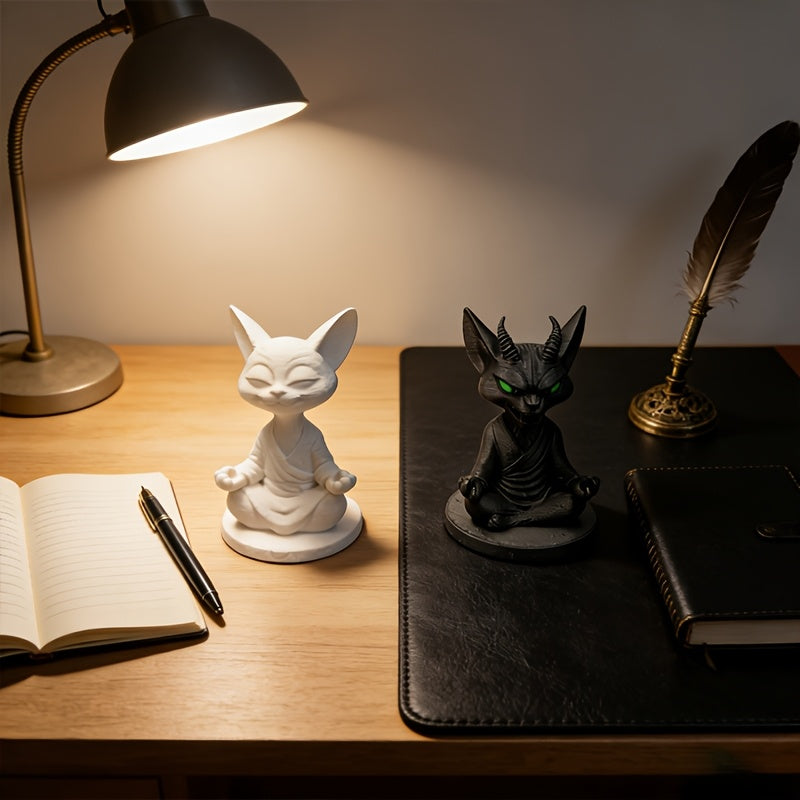 2 PCS Black and White Cat Set Zen Dual Face Cat Statue - Black & White Meditation Figurine with Dual-Sided Zen/Buddha Expression, Plastic Suitable for Home Office Desk Decor, Zen Gift for, Minimalist Tabletop Decoration