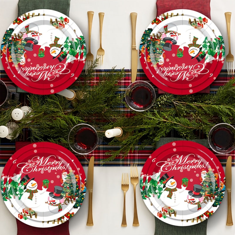 30pcs Festive Christmas Party Tableware Set - 22.86cm & 17.78cm Snowman Themed Paper Plates and Cups with "Merry Christmas" Design, Food-Safe Paper for Holiday Celebrations, Christmas Decorations, Perfect for Thanksgiving for