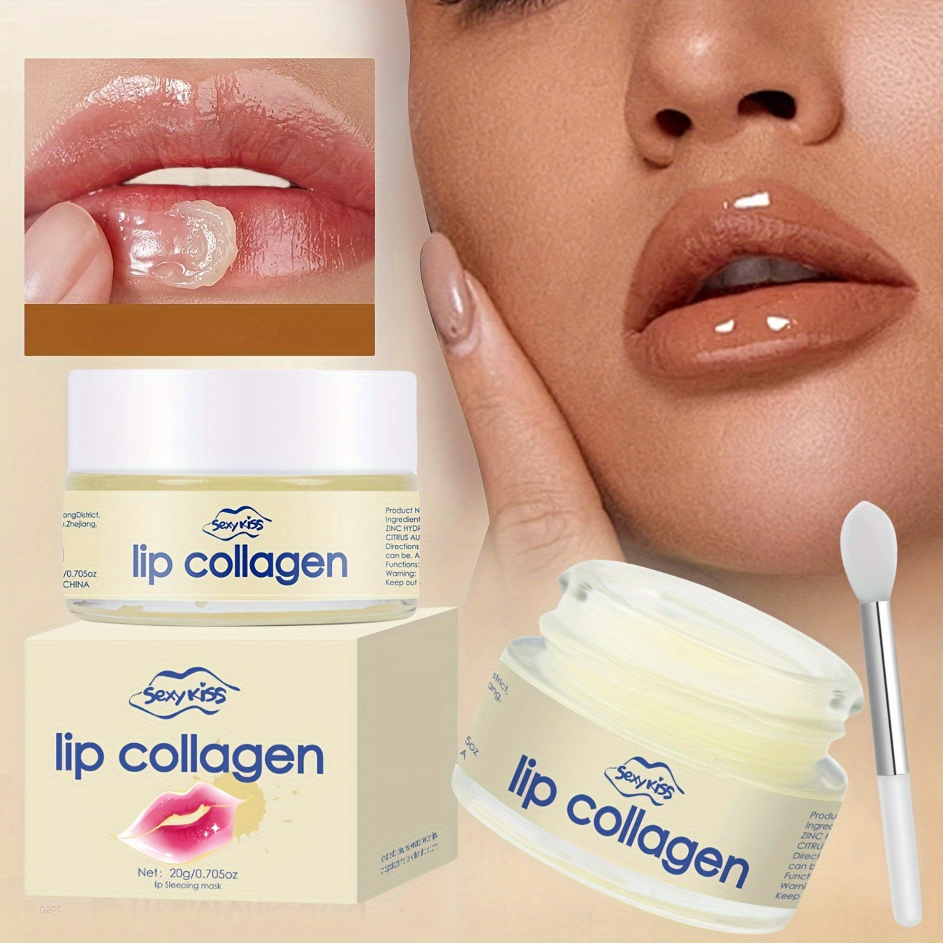 Lip Mask with Collagen and Hyaluronic Acid, 20g Hydrating Overnight Dry Cracked Lips Treatment, Exfoliating and Brightening, Long-Lasting Moisture with Silicone Lip Brush, Day and Night Use, Gift for Women